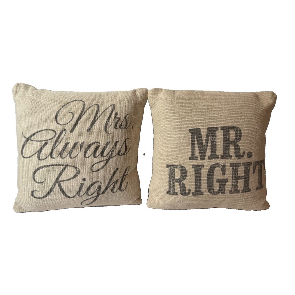 Rustic Burlap Throw Pillows 9" Mr Right Mrs Always Right Couples Novelty Decor - Picture 1 of 6